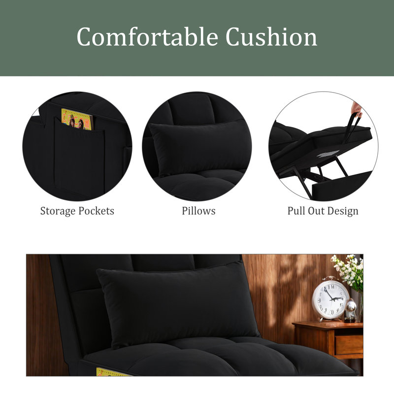 4 In1 Multi-Function Single Sofa Bed With Storage Pockets,Tufted Single Pull-Out Sofa Bed With Adjustable Backrest And Pillows ,Convertible Chaise Lounge
