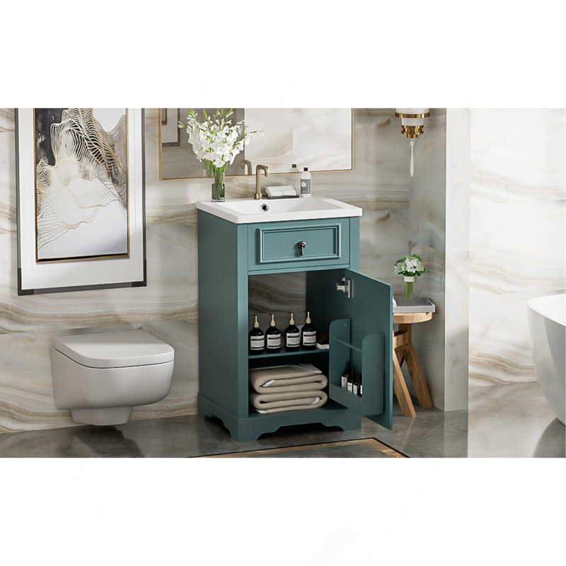 Meuble-lavabo de 20 pouces avec lavabo en céramique, porte à fermeture douce, tablette réglable et support de rangement fixé à la porte - idéal pour les petites salles de bain