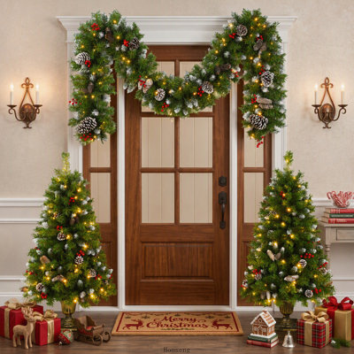 Ensemble de 3 lumières de Noël pré-éclairées avec guirlande et 2 arbres d'entrée, lumières DEL