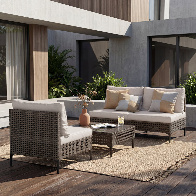 Wicker 4-pieces Conversation Set With Cushions, Beige Cushion/Brown Frame