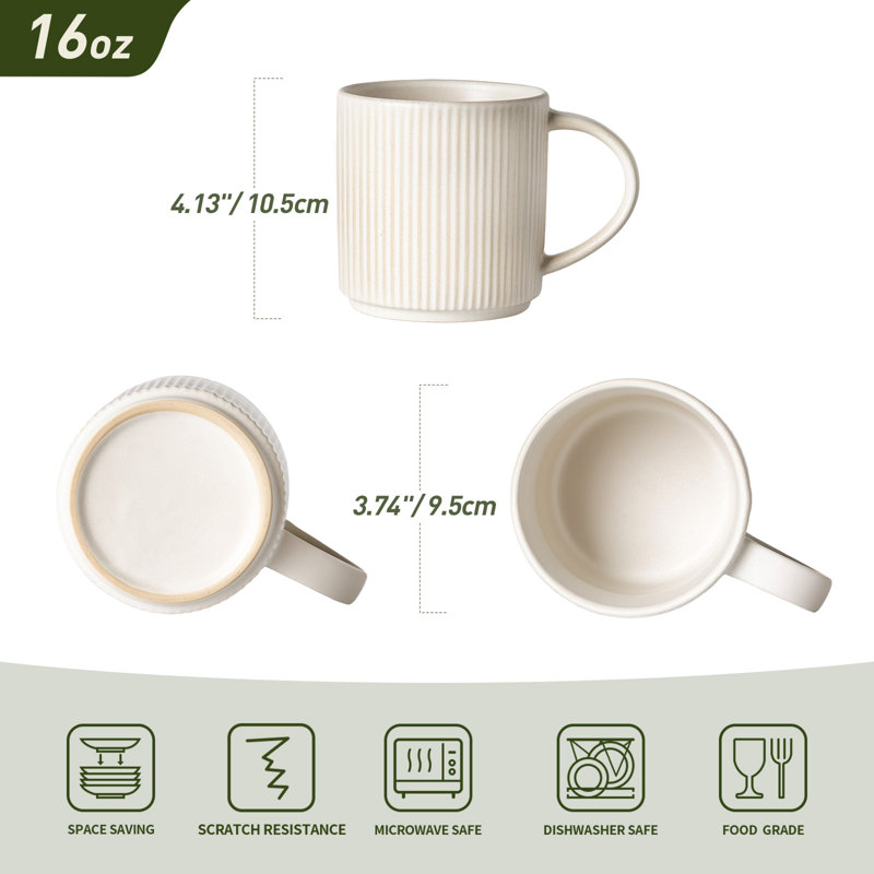 Ensemble de 6 tasses en grès 6 pièces 6 pièces (ensemble de 6), 16 oz, Blanc mat