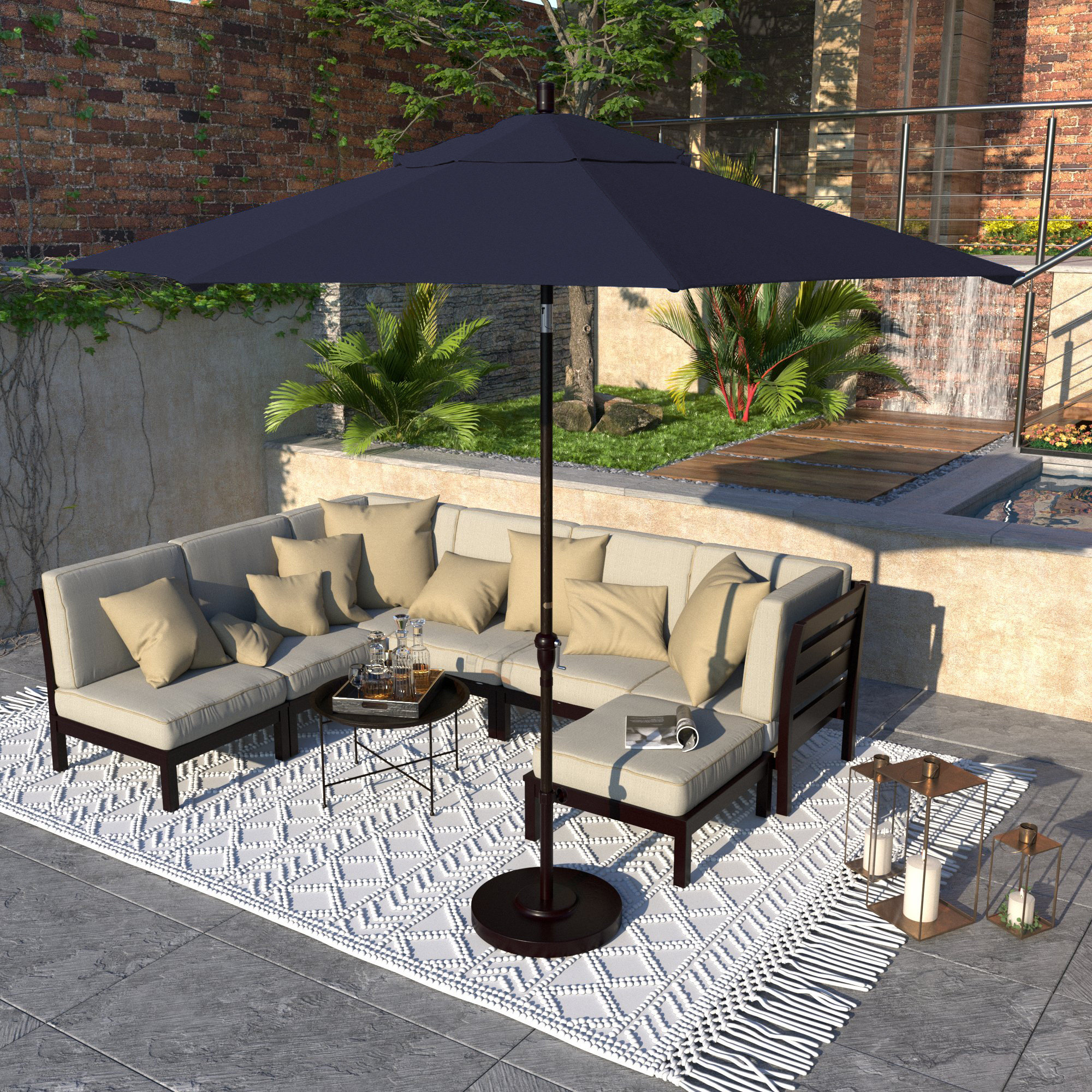 Camry 9-Foot Bronze Aluminum Market Patio Umbrella With Crank Lift And Autotilt In Sunbrella®, Canvas Navy Sunbrella® Canvas
