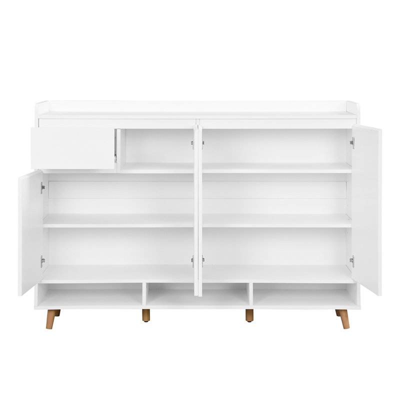 Armoire à chaussures minimaliste avec tablettes réglables, pieds en bois massif - Buffet de rangement pour chaussures d'entrée et de salon, blanc