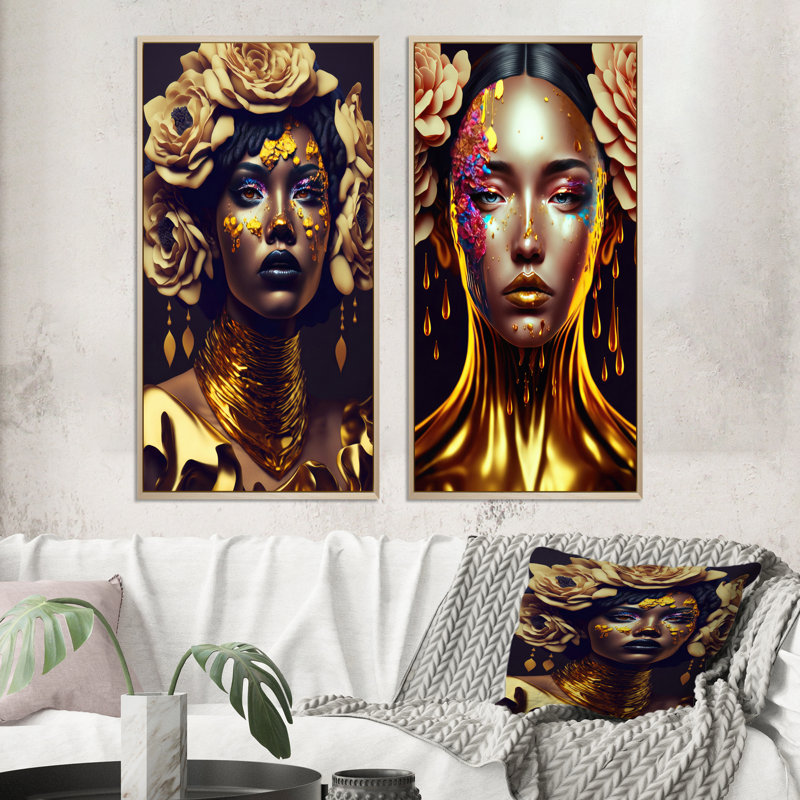 "Or et femme florale noire", 2 pièces sur toile, Encadrement brun, H 32 po x l 32 po