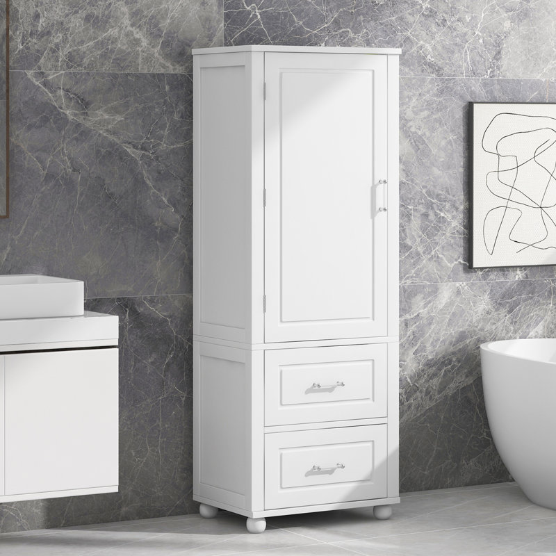 Grande armoire de rangement autoportante blanche avec deux tiroirs et tablette réglable, panneau de fibres à densité moyenne peint