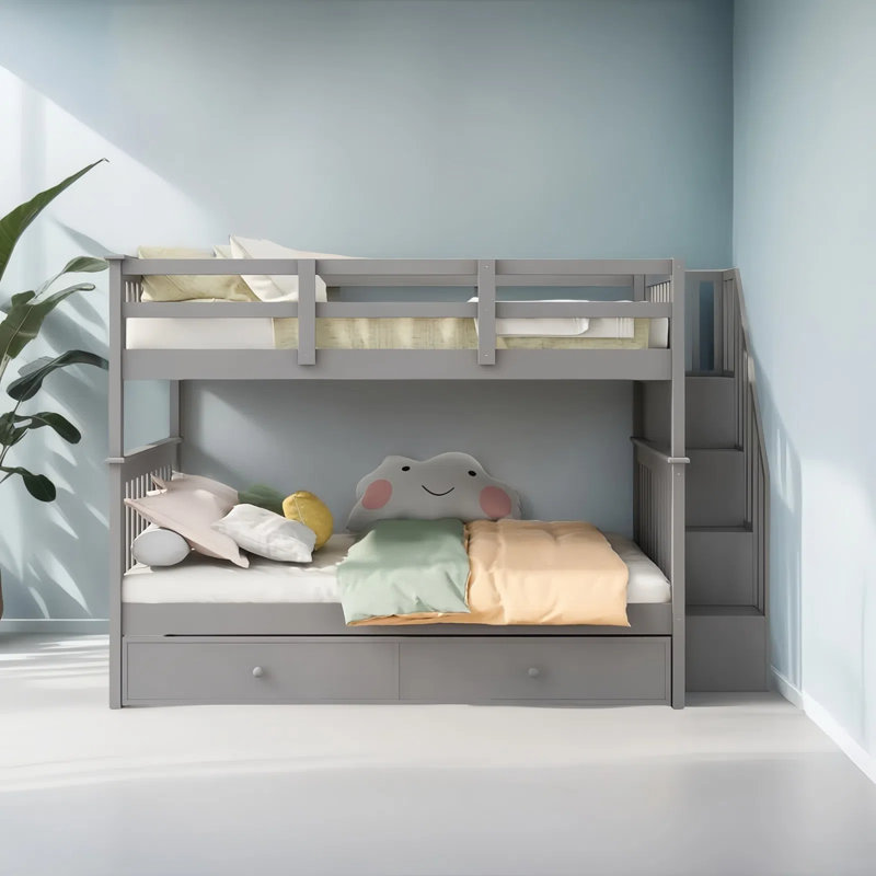 Full-Over-Full Bunk Bed With Twin Size Trundle, Gray