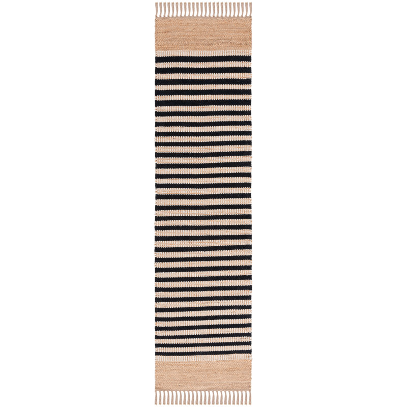 Kolyu Natural Fiber Handwoven Jute Cotton Striped Rug in Natural/Black, Square 6'