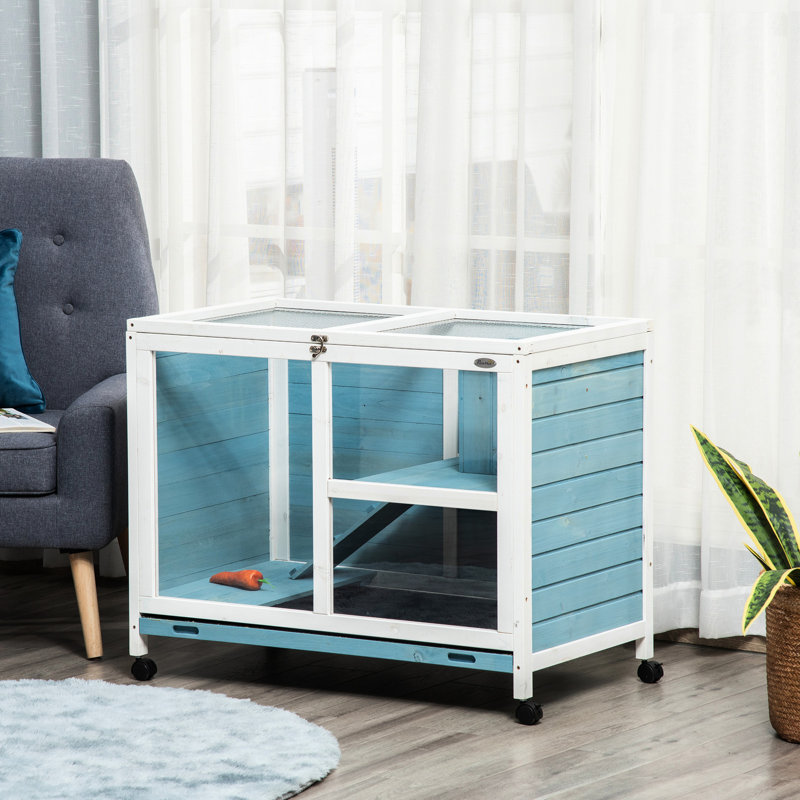 Lapin bleu avec roues - Dimensions du bureau et de la table d'appoint, cage en bois imperméable, compacte pour les lapins nains bleus et imperméables