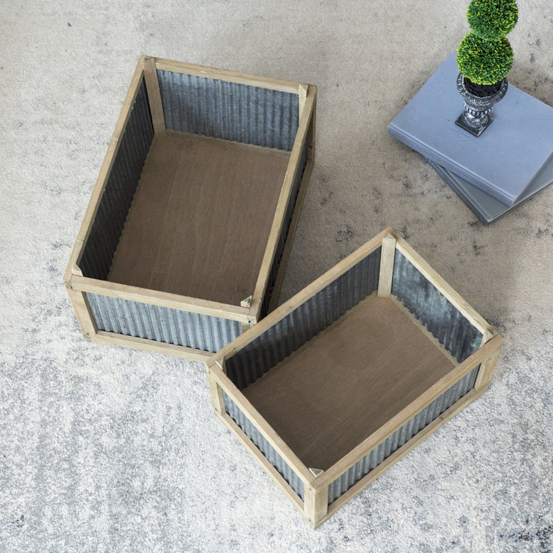 Set Of 2 Rectangular Rustic Planter, L:20X14x11.5" S:17X12x10"