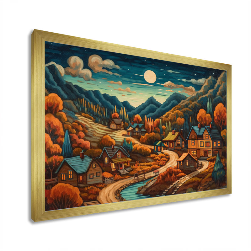 Petit village alpin Carlisa en automne II, H 12 po x l 20 po x P 1 po, Encadrement doré