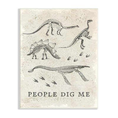 «Funny People Dig Me», squelette de dinosaure et empreintes de pas, estampe numérique encadrée noire, art texturé par Daphne Polselli