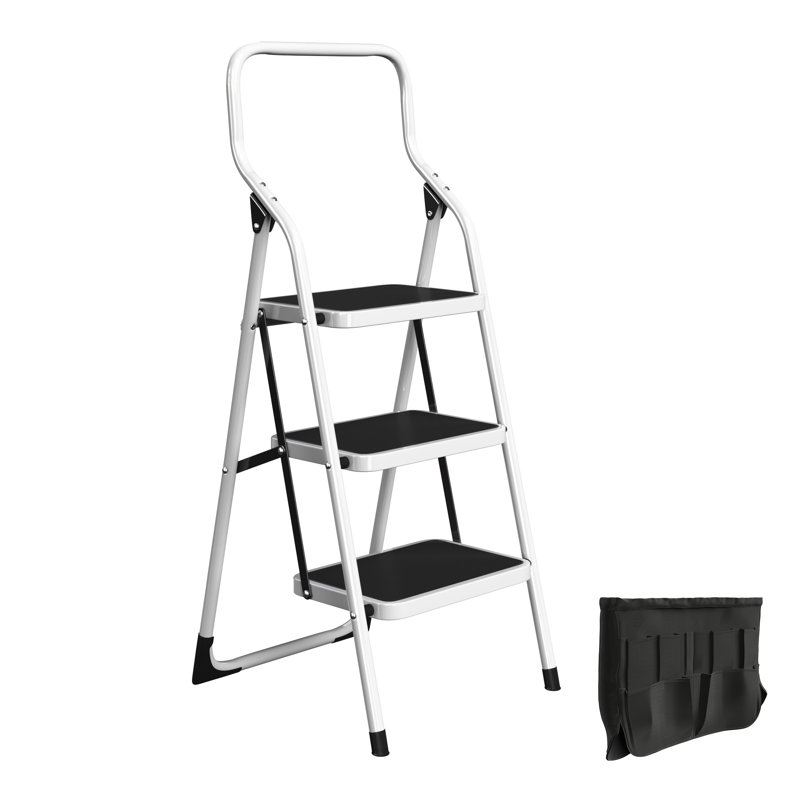 Escabeau pliable à 3 marches pour adultes avec mains courantes et sac à outils - Escabeau à structure antidérapante en acier d'une capacité de 330 lb - Échelles pliables pour la maison, la cuisine ou la chambre à coucher par Stalwart