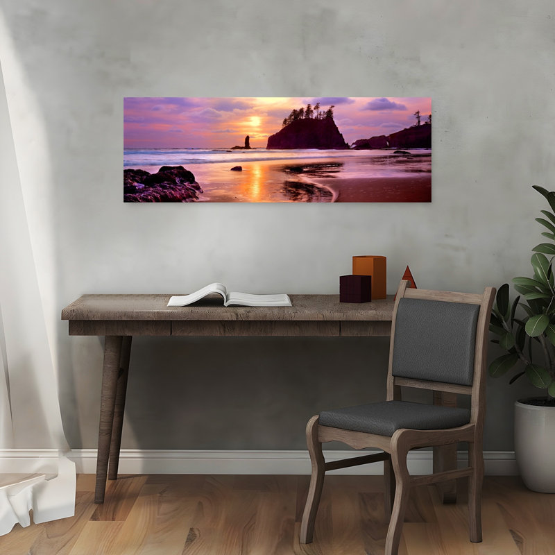 Silhouette of sea stacks at sunset Second Beach Olympic National Park Washington State USA 1 Piece Wrapped Canvas Panoramic Wall Art