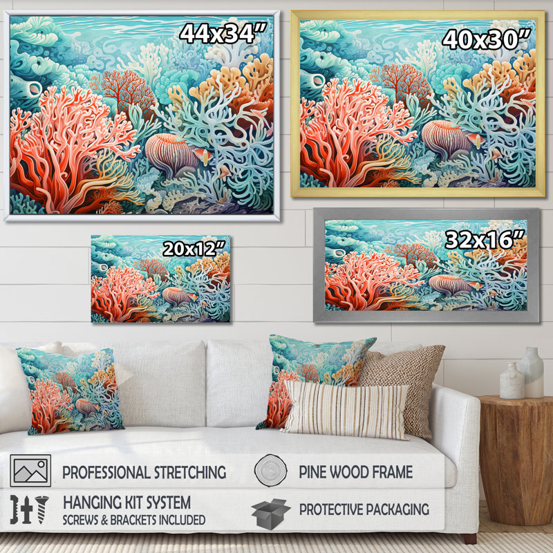 Corail Gorgonacées Sea World I sur impression sur toile, H 24 po x l 32 po x P 1 po, Cadre flottant blanc