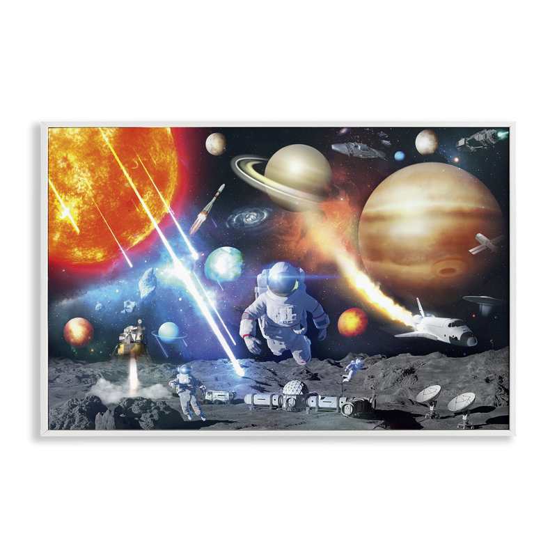 Espace et astronautes, collage, estampe numérique par Reinders, Estampe numérique encadrée blanc bord de mer