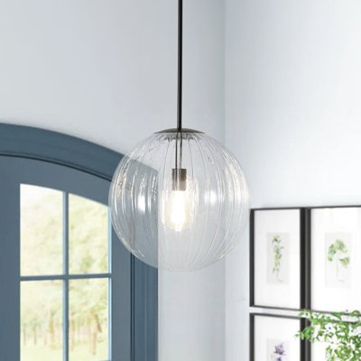 1-Light Ribbed Glass Globe Single Pendant