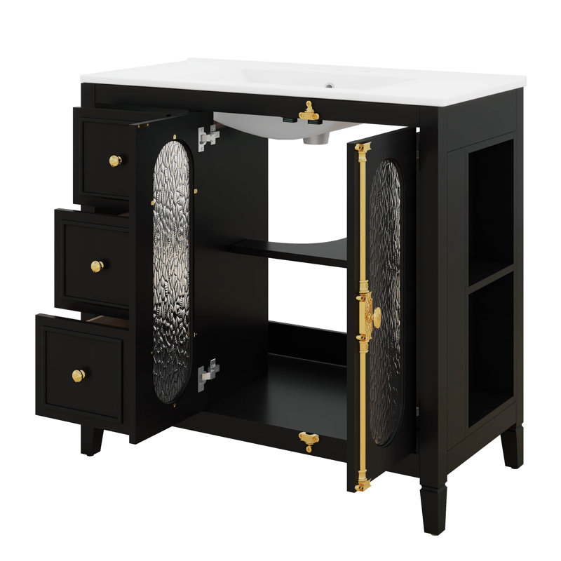 Meuble-lavabo 36 po avec lavabo en céramique, meuble de rangement pour salle de bain à 3 tiroirs, 2 portes et 2 tablettes latérales ouvertes