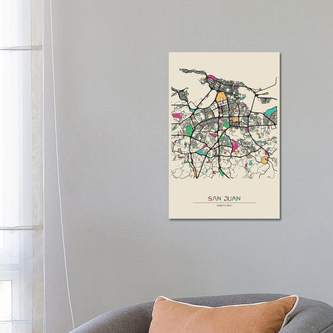 San Juan, Puerto Rico Map by Ayse Deniz Akerman - Wrapped Canvas Gallery-Wrapped Canvas Giclée