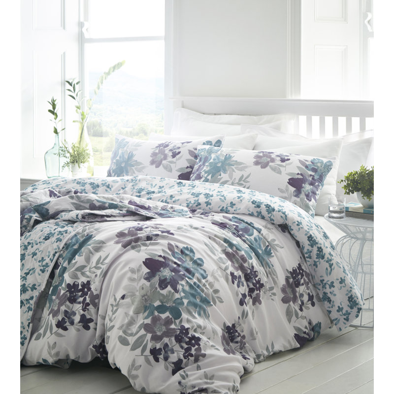 Raya Floral 100% Cotton 200 Thread Count Reversible Duvet Cover Set, Super King Duvet Cover + 2 Standard Pillowcases, Teal