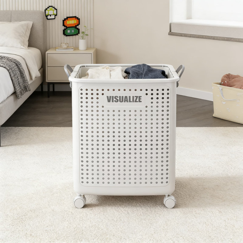 White,Foldable Laundry Hamper With Wheels, Breathable Mesh Design, Heavy-Duty PP Material, Space-Saving Collapsible Storage Basket For Home, Bathroom, And Laundry Room