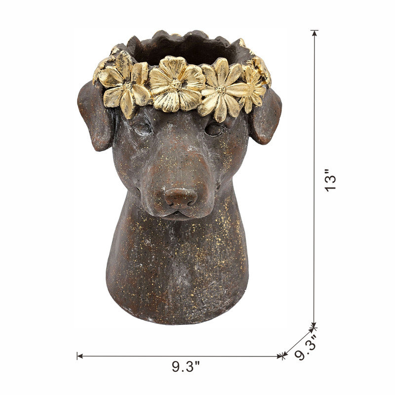 Pot à fleurs 9,3 x 9,3 x 13 po en magnésium avec fini brun texturé et couronne feuille d'or, H 13 po x l 9,3 po x P 9,3 po