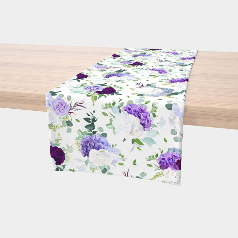 Table Runner, 100% Cotton, 16X108", Purple & White Hydrangeas, 72" L x 16" W