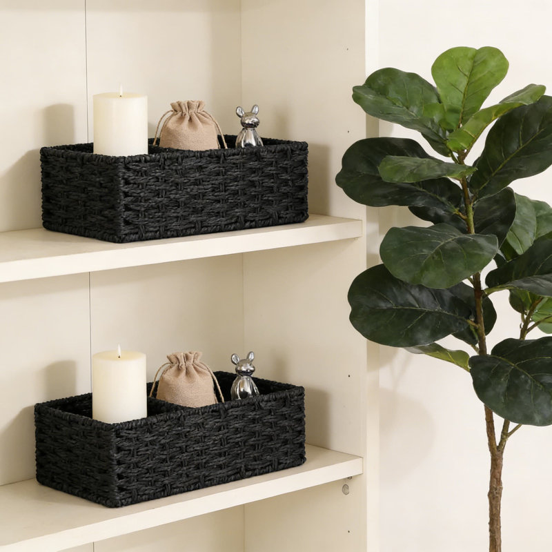 2-Pack Woven Storage Baskets With Two Sections, Handwoven Paper Rope Organizer With Sturdy Frame For Bathroom, Living Room, Kitchen And Office Shelves