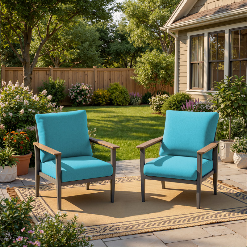 27" Wide All Weather Aluminum Ladder Back Patio Armchair with Wooden Arm, Turquoise Blue
