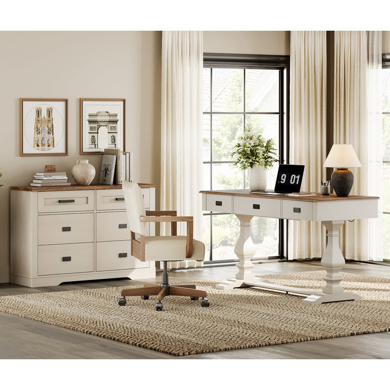 Rustic Modern Office Collection: 60-Inch Powered Desk With Matching 6-Drawer Farmhouse Dresser For A Coordinated Workspace