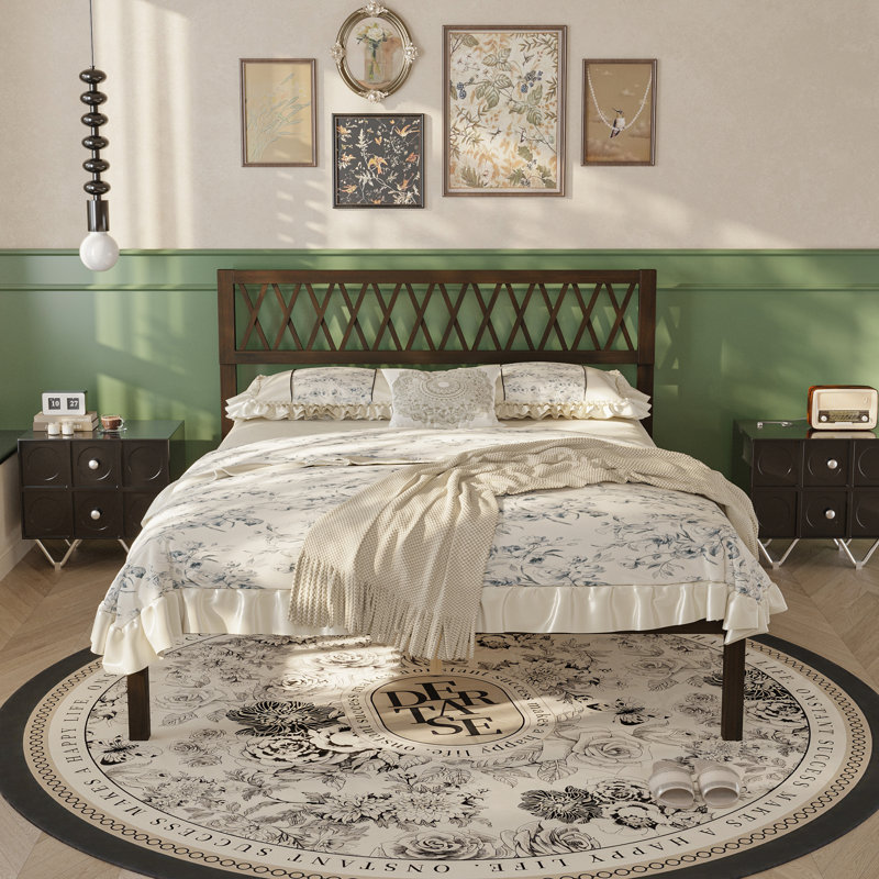 Rustic Acacia & Rubberwood Platform Bed Frame With Diamond Lattice Headboard, No Box Spring Required