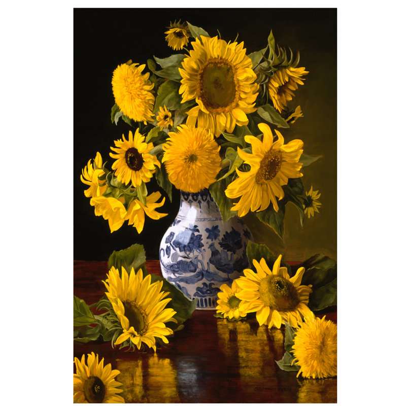 Sunflowers In Blue And White Chinese Vase by Christopher Pierce - Painting on Canvas, 66.04 cm H x 45.72 cm W x 1.91 cm D