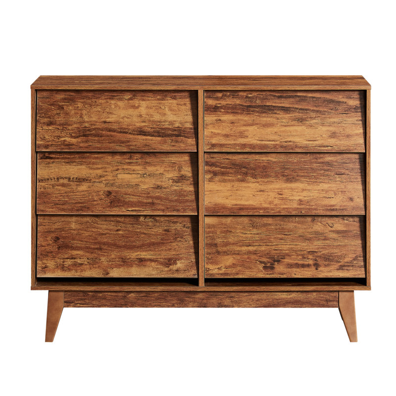 Style rétro, design biseauté, commode double 6 tiroirs, brun, rangement pour chambre à coucher, commode spacieuse