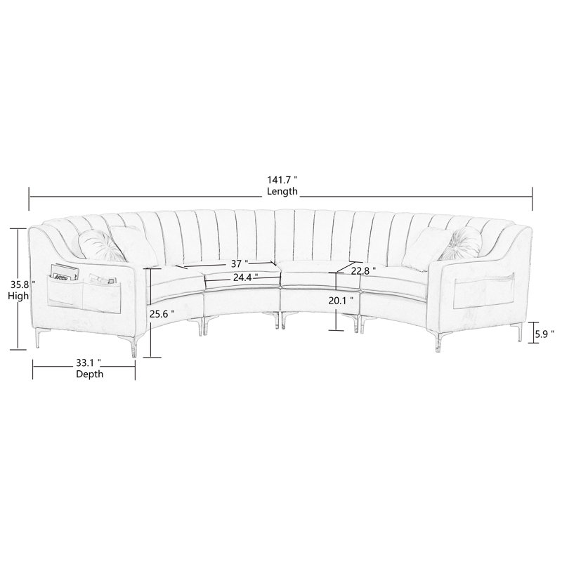 142" Wide Velvet Symmetrical Modular Corner Sectional, Blue