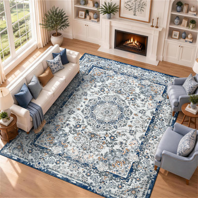 Vintage Floral Medallion Washable Area Rug with Non-Slip Backing