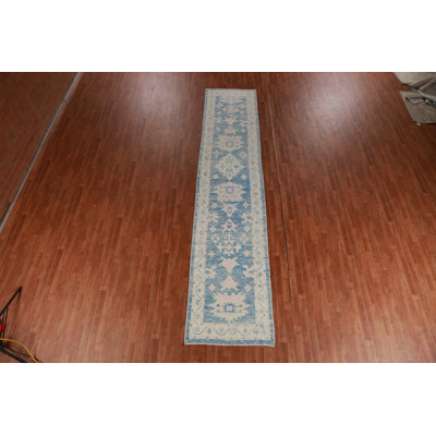 Floral Blue Handmade Oushak Vegetable Dye Runner Rug 3x14