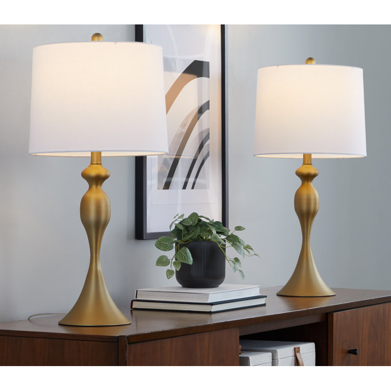 Ensemble de lampes de table en métal 27 po avec abat-jour empire en lin Kateryn, Blanc, Plaqué or