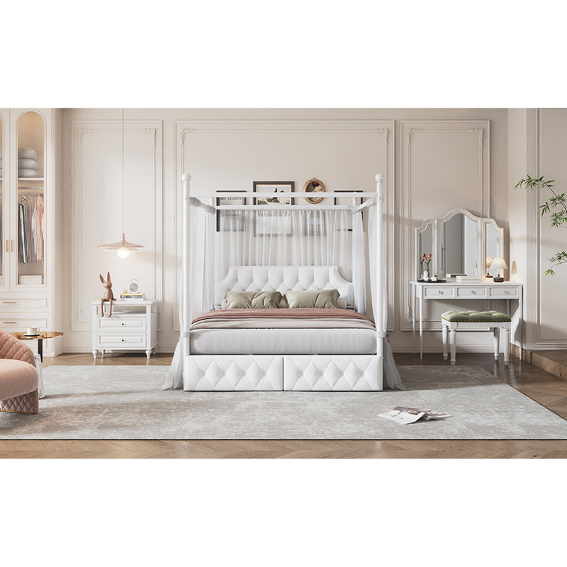 Grand lit à baldaquin en métal avec tête de lit tapissier et 2 tiroirs de rangement, plateforme blanche et unités de rangement