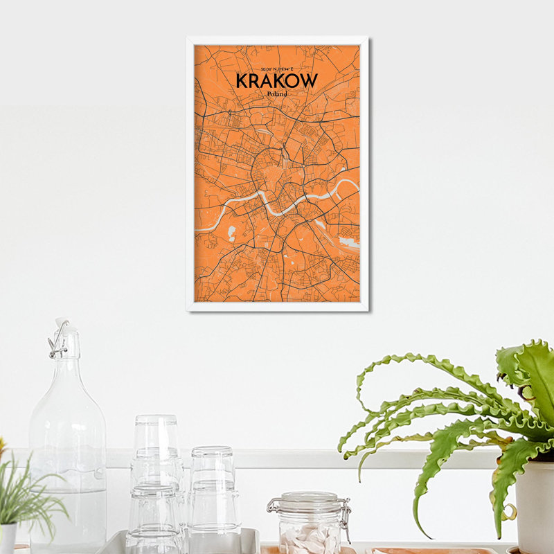 «Krakow City Map», impression de luxe, Orange / gris, H 17 po x l 11 po