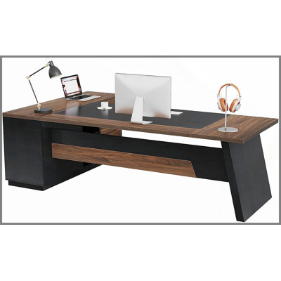 Bureau de direction en L 78,7 pouces avec rangement, poste de travail de bureau à domicile moderne, noyer foncé et finition noire