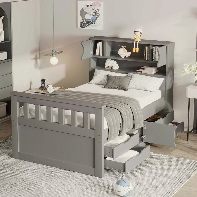 Base de lit plateforme Captain avec bibliothèques et tablettes de rangement, Gris