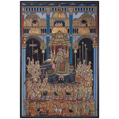 Grande peinture encadrée de 60 po Tanjore 60 po - Procession du Raja avec feuille d'or 24 carats - Art mural indien traditionnel pour le salon et l'entrée
