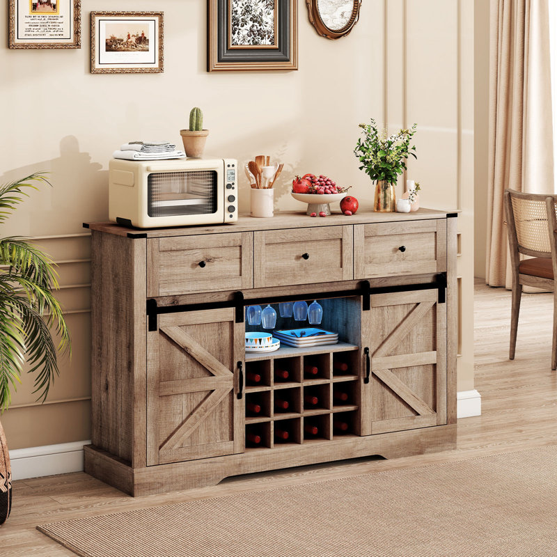 Wine Bar Cabinet w/LED Lights  Doors Coffee Station w/ Adjustable Shelves Racks, Light Oak