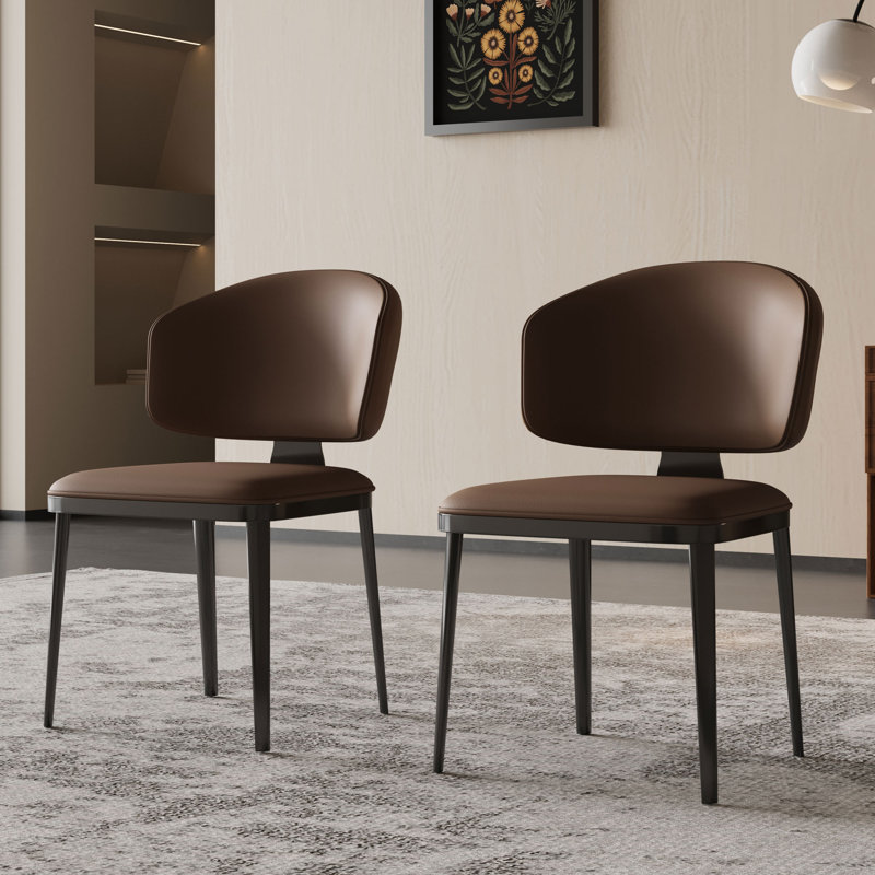 Chaise de salle à manger moderne en simili cuir Cathelijn, ensemble de 2, pieds en métal noir, Marron foncé