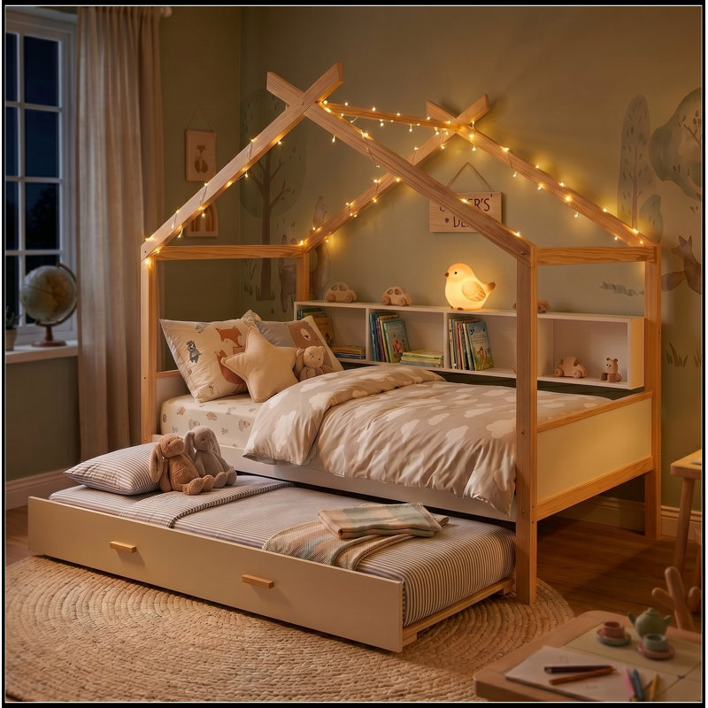 Lit simple en bois avec lit gigogne simple et bibliothèque, Lit simple