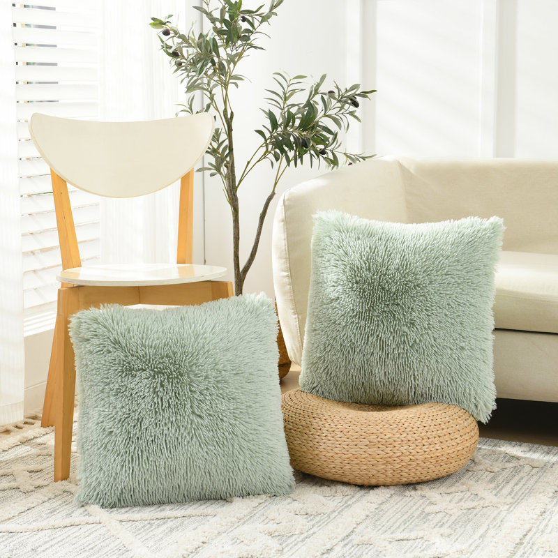 Housse de coussin carrée en fausse fourrure, H 24 po x l 24 po, Vert sauge