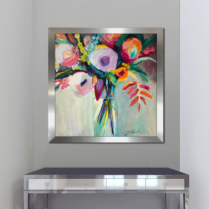 «Ode to Summer 7» par Jacqueline Brewer - Peinture, H 25,5 po x l 25,5 po x P 1 po, Encadrement argenté