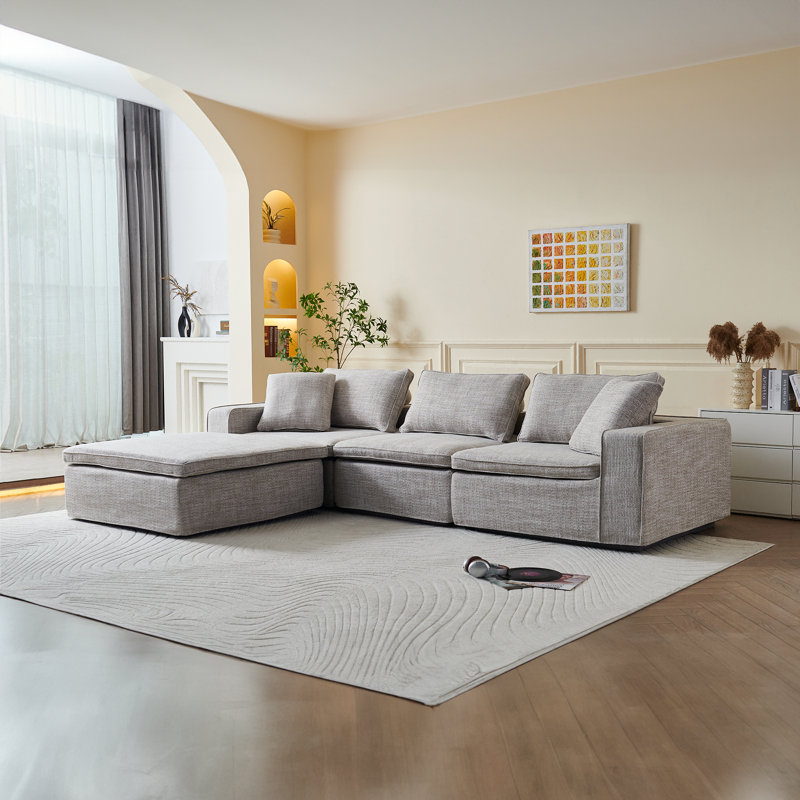 Canapé modulaire surdimensionné en forme de L de 131,3 po, revêtement en lin, rembourrage en mousse haute résilience et en duvet, siège profond, housse amovible et lavable, assemblage personnalisable et sans outils pour le salon