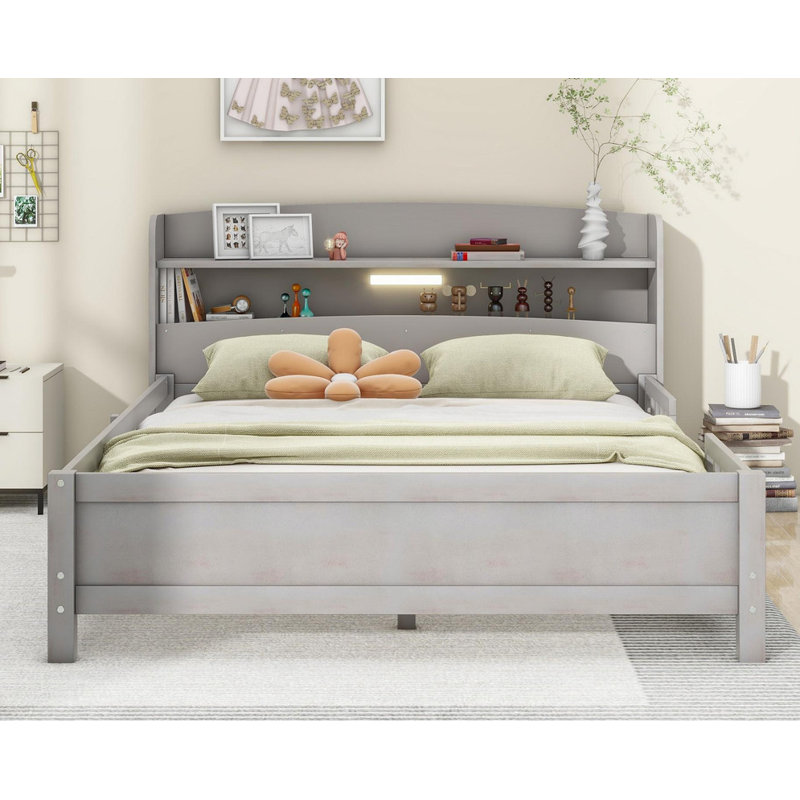 Tête de lit avec rangement à DEL intégrée et lit plateforme en bois garde-corps, Gris, Lit double
