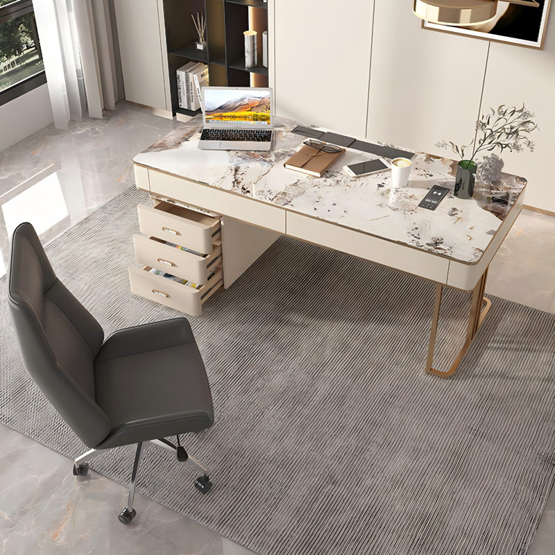 Bureau d'écriture rectangulaire en pierre frittée beige 62,99 ", 5 tiroirs, H 30,31 po x l 62,99 po x P 27,56 po
