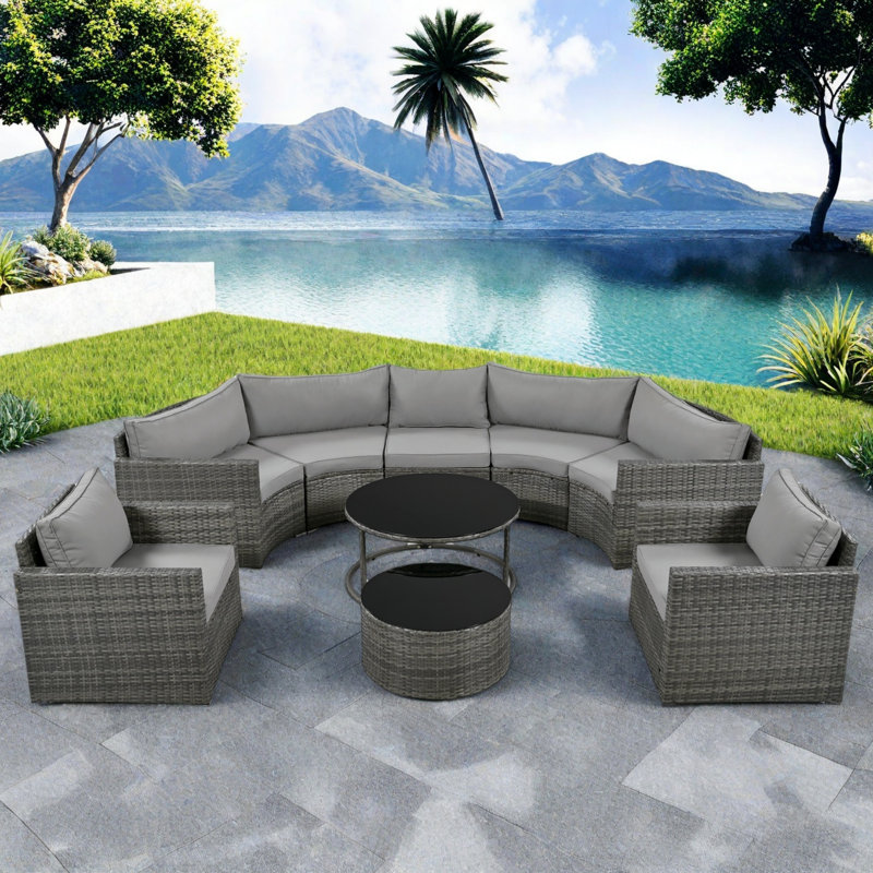 9-piece Outdoor Half-moon Wicker Conversation Sets With 1 Nesting Coffee Table And Tempered Glass Top